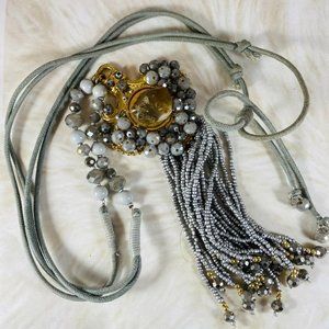 Stunning Mixed media long bead and leather statement necklace 1990s